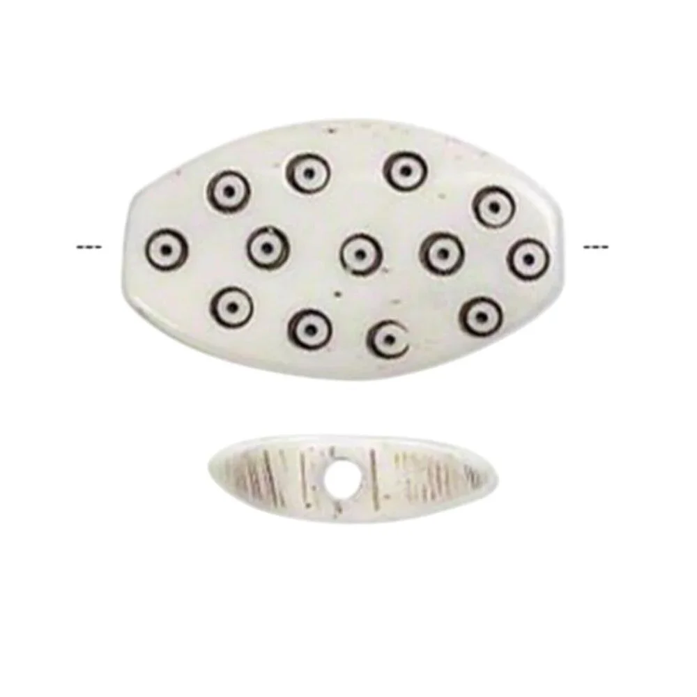 India Tribal Carved Circles Oval Cream Black Yak Bone 26mm Pendant Bead